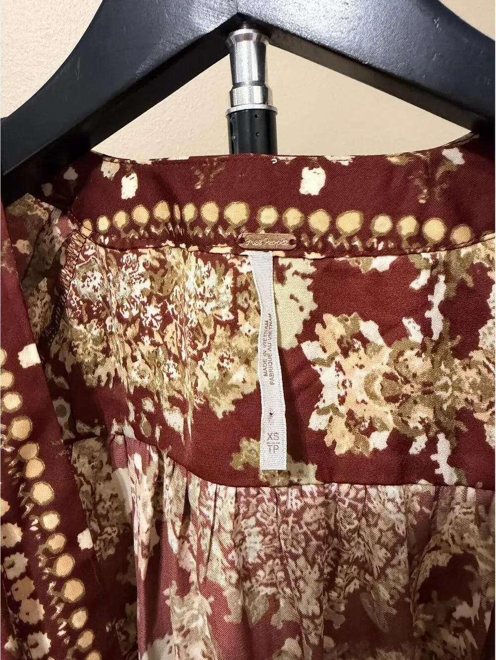 Free People Boho Tie Front Blouse Women’s XS Burgundy Floral Long Sleeve Top